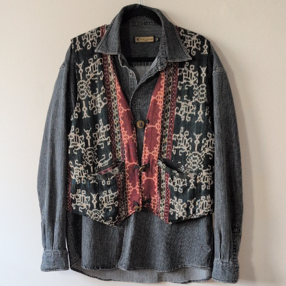 Men's Denim Jacket with Patterned Vest